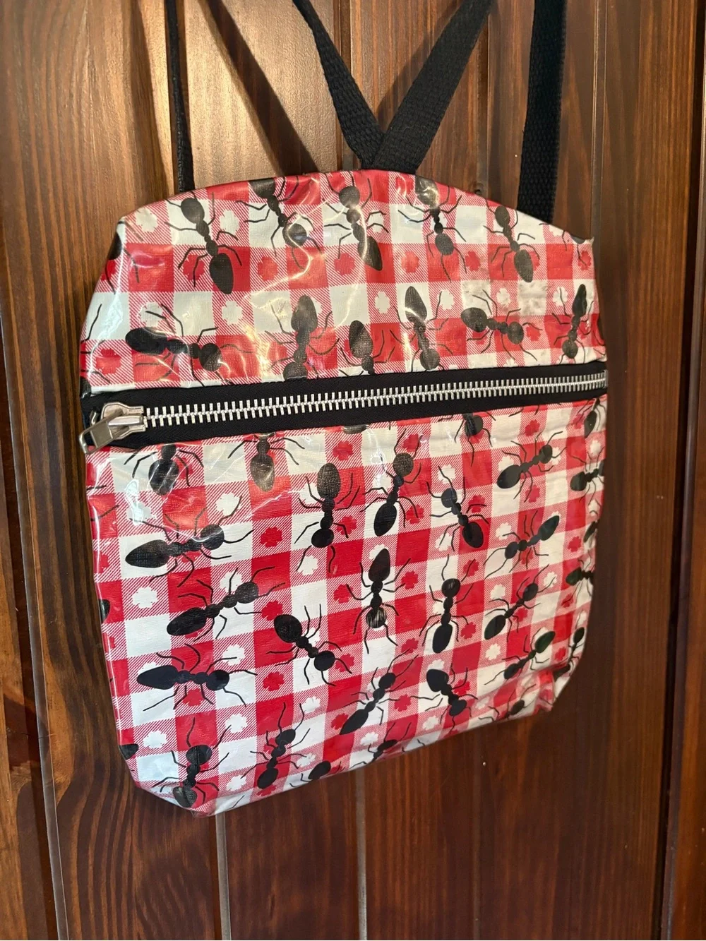 VTG 90s Picnic Ant Print Backpack Purse Denim Laminated Grunge Kitsch